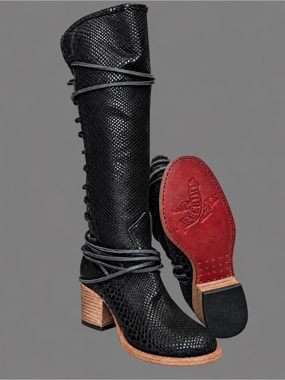 Freebird by Steven Black Textured Knee-High Lace-Up Boots with Red Sol